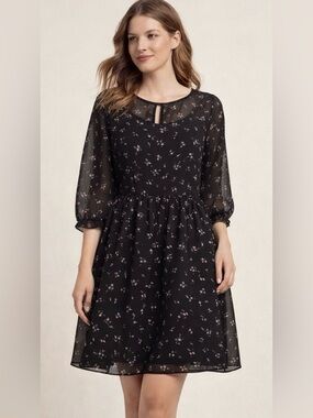 LC Lauren Conrad Black Floral Chiffon Dress Size 10 Sheer Sleeve Lined